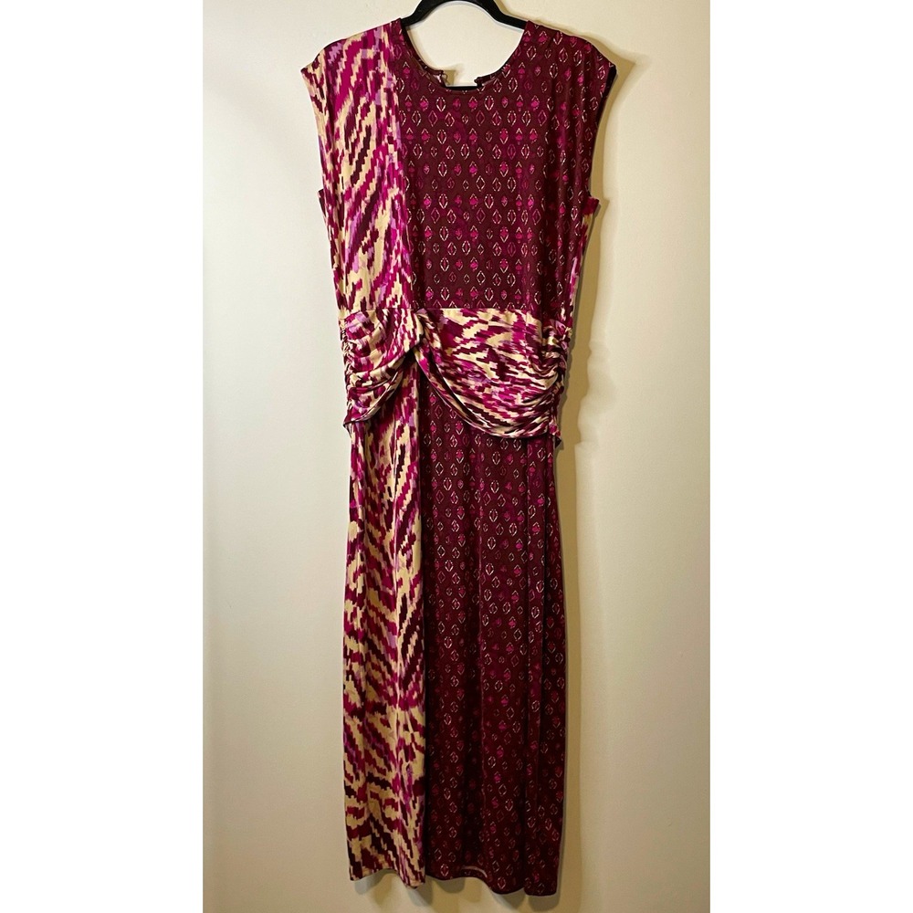 IMAN Maxi Dress Womens L Burgundy Pink Geometric Ruched Sleeveless Stretch Boho
